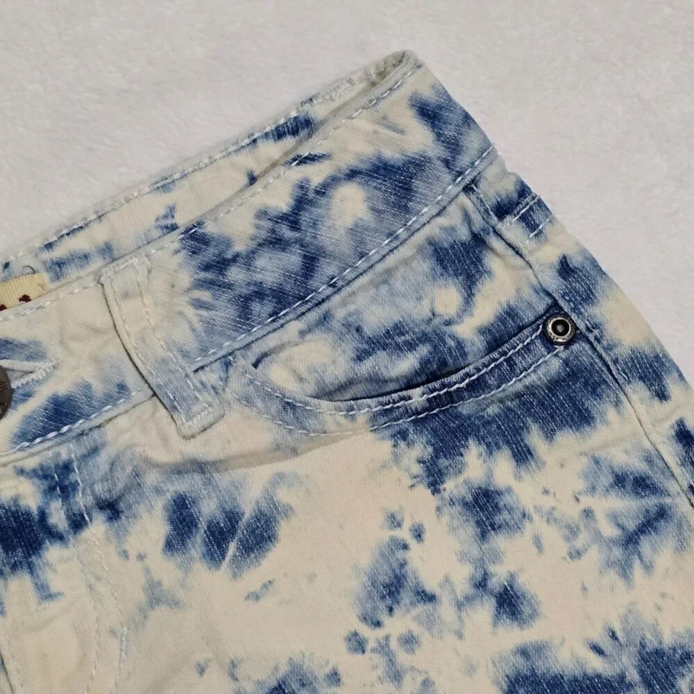 Mudd Girls Blue White Tie Dye Raw Hem Adjustable Waist Denim Shorts Excellent 8